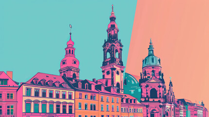 Fototapeta premium Risograph colorful riso print travel poster, card, wallpaper or banner illustration, modern, isolated, clear, simple of Dresden, Germany. Texture, backdrop, screen printing, stencil