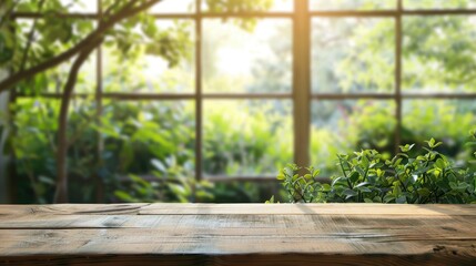 Wooden table top with blurred window and green garden backdrop for product display.