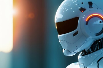 Futuristic Robot Head with Glowing Eyes in a High-Tech Setting