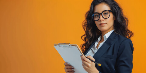 Confident businesswoman holding clipboard. A professional portrait for corporate, business, or educational purposes, ideal for marketing and editorial content highlighting confidence and leadership