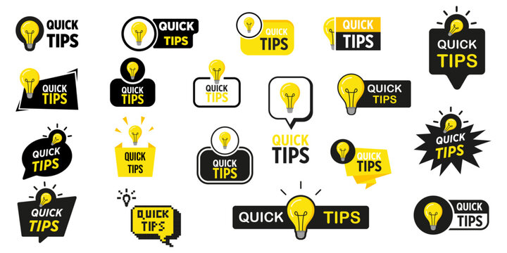 Quick tips sticker set. Quick tips badge with lamp. Vector illustration.