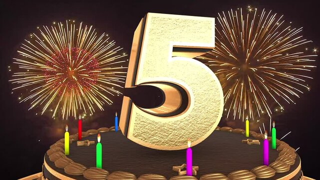 5th birthday chocolate cake animation 3d render in chocolate gold with confetti and balloon background. 4k