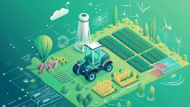 A digitally-animated farm showcases a tractor in a smart field with crops and trees. The scene includes various tech elements, highlighting advanced farming. Green and vibrant.