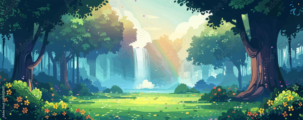 Poster a mystical forest glade with a hidden waterfall and rainbow mist. vector flat minimalistic isolated 
