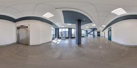 hdri 360 panorama in empty modern hall with columns, doors and panoramic windows in full seamless...