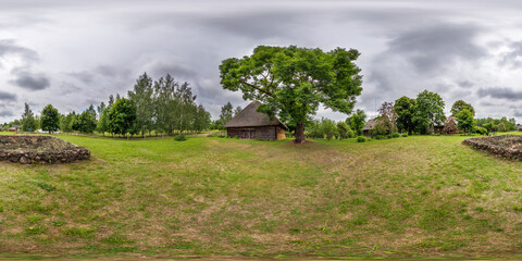 full seamless spherical hdri 360 panorama near wooden homestead house in rainy weather in equirectangular spherical projection with zenith and nadir. for VR content
