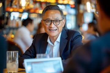 Confident senior businessman in a busy cafe. A professional image depicting leadership, confidence, and networking in a lively setting. Perfect for business and corporate use