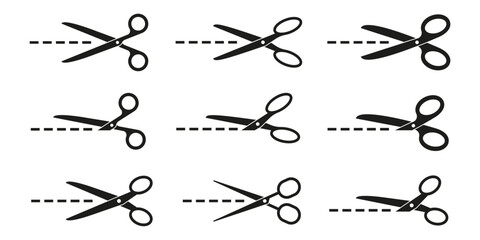 Scissors icon set. Scissors with cut lines.
