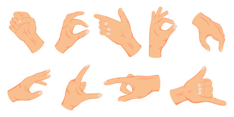 Hands gesture set. Hands showing set. Cartoon style.
