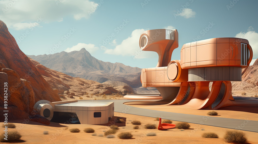 Poster Retro futuristic architecture in sci-fi scene on the desert planet. Alien landscape with nostalgic retro future constructions