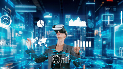 Woman reporter explaining dynamic market data calculated analysis pointing big data business by VR innovation interface digital infographic network technology visual hologram animation. Contraption.