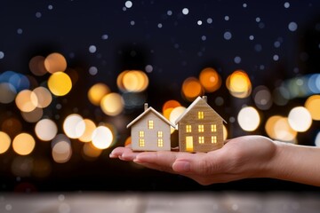 Hand Holding Illuminated Miniature Houses Against Night Bokeh Background