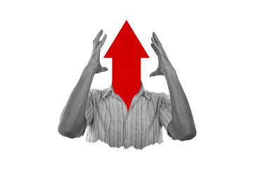 Creative collage headless man progress arrow pointer shocked reaction impressed omg reach top...
