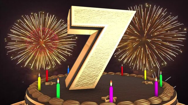7th birthday chocolate cake animation 3d render in chocolate gold with confetti and balloon background. 4k