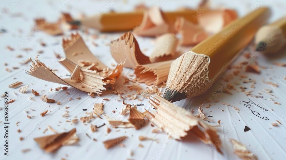 Poster sharpened pencil shavings on a white surface