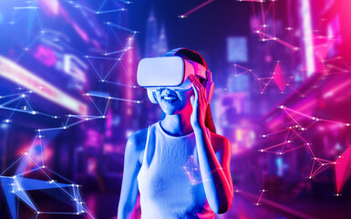 Obraz premium Female standing in cyberpunk style building in meta wear VR headset connecting metaverse, future cyberspace community technology, Woman using hand holding goggles while looking faraway. Hallucination.