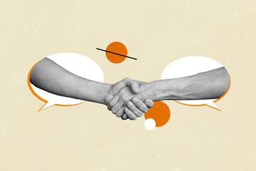 Composite photo collage of people hand shake greeting gesture agreement success deal text box...