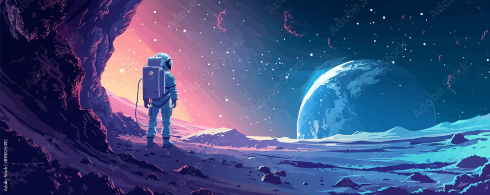 Poster sci-fi astronaut exploring an alien cave system vector flat minimalistic isolated illustration
