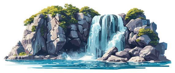 A majestic waterfall cascading down a rocky cliff into a pool of crystal-clear water on a white background. Vector flat minimalistic isolated illustration.