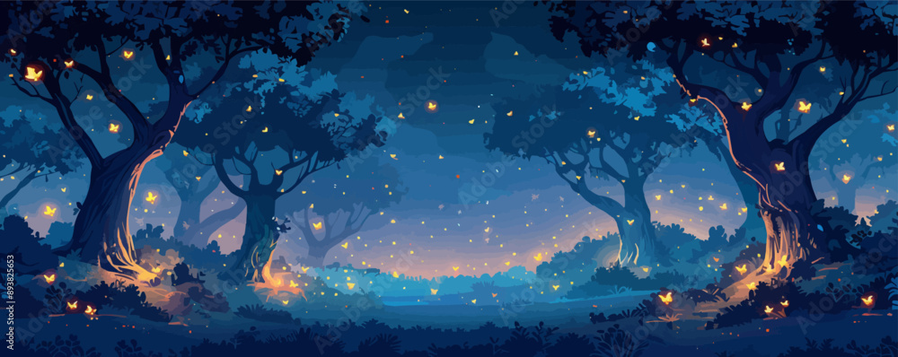 Poster a mystical forest grove with ancient trees and glowing fireflies. vector flat minimalistic isolated 