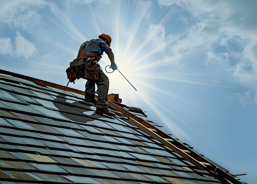 M&eacute;tier du b&acirc;timent avec un couvreur sur le toit d&rsquo;une maison qui pose des tuiles. Accroupi sur une charpente, il travail sous une chaleur accablante.
