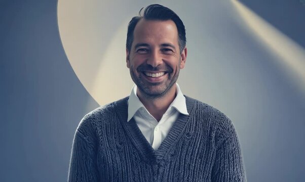 Group portrait video of a pleased Russian man in his 40s wearing a chic cardigan against an abstract background 