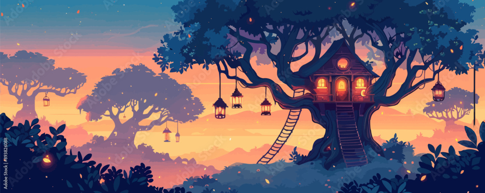 Poster enchanted forest treehouse with rope ladder and lanterns vector flat minimalistic isolated illustrat