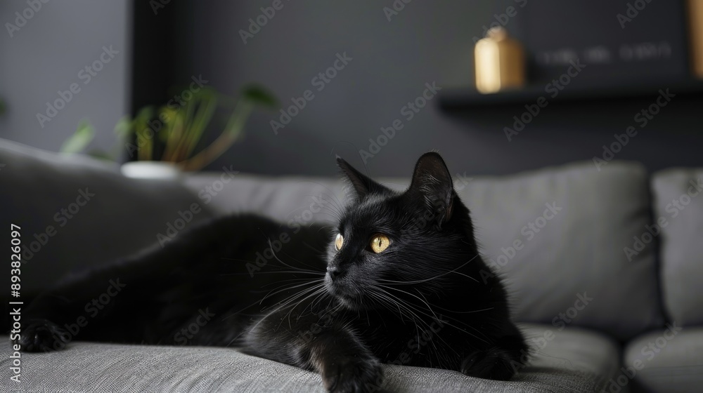 Sticker Black cat portrait in studio with space on black wall