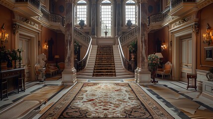 Obraz premium An elegantly designed grand foyer featuring a sweeping staircase, ornate decor, and luxurious furnishings. 