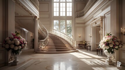 A luxurious grand foyer featuring an elegant staircase, adorned with fresh flowers and bathed in natural light, creating a sophisticated atmosphere for upscale events and gatherings. 