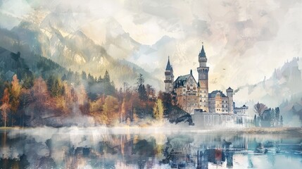 Historical castle by the river in watercolor style