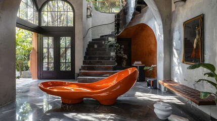 A stylish modern interior featuring an eye-catching orange sculptural sofa, elegant staircase, and lush greenery creates a serene atmosphere of contemporary design. 