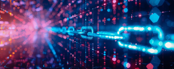 Fototapeta premium Three dimensional panoramic view of chain on dark background. Blockchain concept.