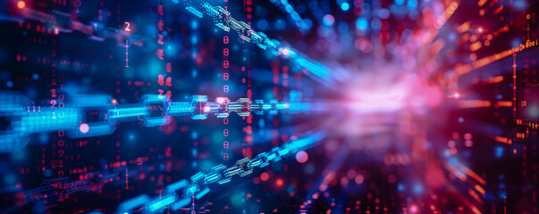 Obraz premium Three dimensional panoramic view of chain on dark background. Blockchain concept.