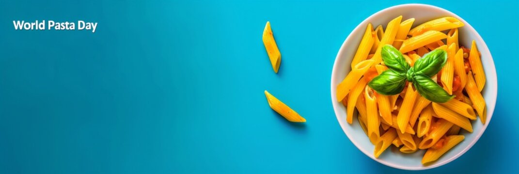 Celebrating World Pasta Day with Delicious Penne and Fresh Basil on Blue Background