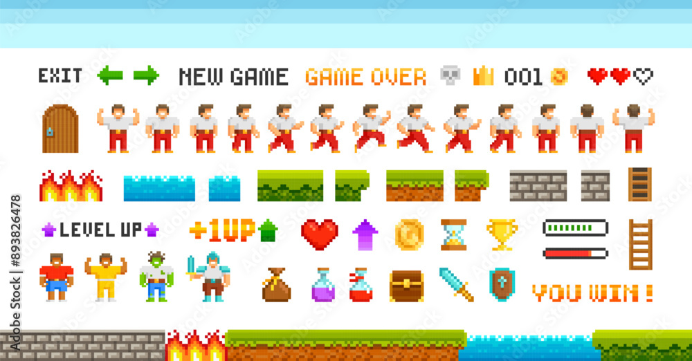 Poster retro pixel game trophy icons bundle and vector elements for adventure arcade level design. level up