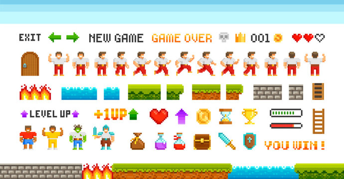 Fototapeta Retro Pixel Game trophy icons bundle and vector elements for adventure arcade level design. Level up hero character animation game design. Retro video game sprites 80s - 90s style. Perfect pixel dsgn