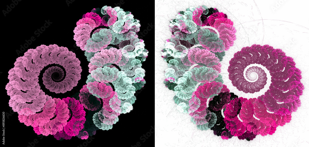 Poster the colorful curly spirals resemble ram's horns and are arranged symmetrically on white and black ba