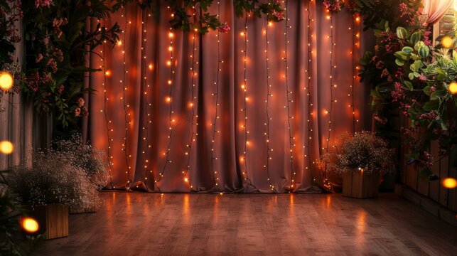 A warm and festive backdrop with string lights plants and a wooden floor