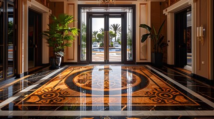Obraz premium A luxurious and elegant foyer featuring intricate marble flooring and large windows showcasing a vibrant outdoor landscape. 