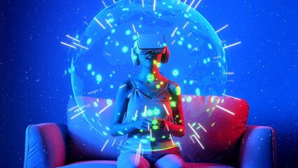 Sitting on sofa of woman in VR circle shape signal point station network international world map on neon lighting. Futuristic technology global connectivity design 3D digital graphic. Hallucination.