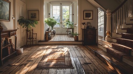 Fototapeta premium A beautifully sunlit interior of a rustic home featuring wooden floors, potted plants, and classic furniture creates a warm and inviting atmosphere. 