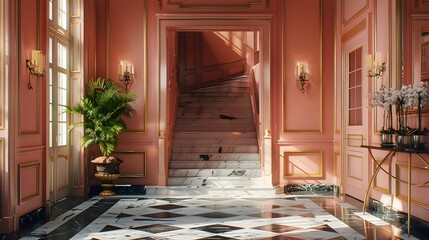 A luxurious interior scene showcasing a grand staircase, elegant pink walls, marble flooring, and exquisite decor, perfect for showcasing opulence and sophistication. 