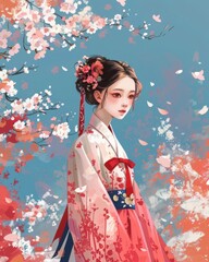 Elegant Korean Woman in Traditional Hanbok Dress Amid Cherry Blossoms