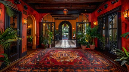 Obraz premium A beautifully decorated interior hallway with vibrant red walls, intricate rugs, and lush greenery, creating an inviting and elegant atmosphere.