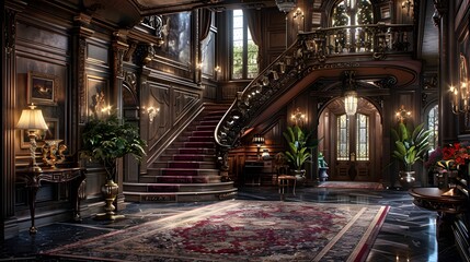 Obraz premium A grand and elegantly designed foyer featuring a sweeping staircase, ornate woodwork, rich furnishings, and lush indoor plants that embody luxury and sophistication. 
