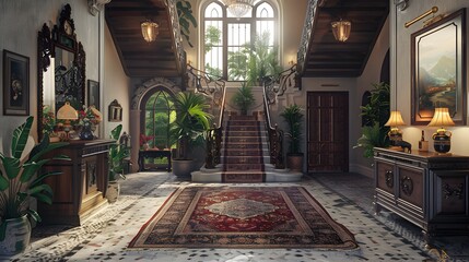 Fototapeta premium A luxurious and elegantly designed foyer featuring ornate staircases, rich decor, and abundant greenery, creating an inviting atmosphere. 