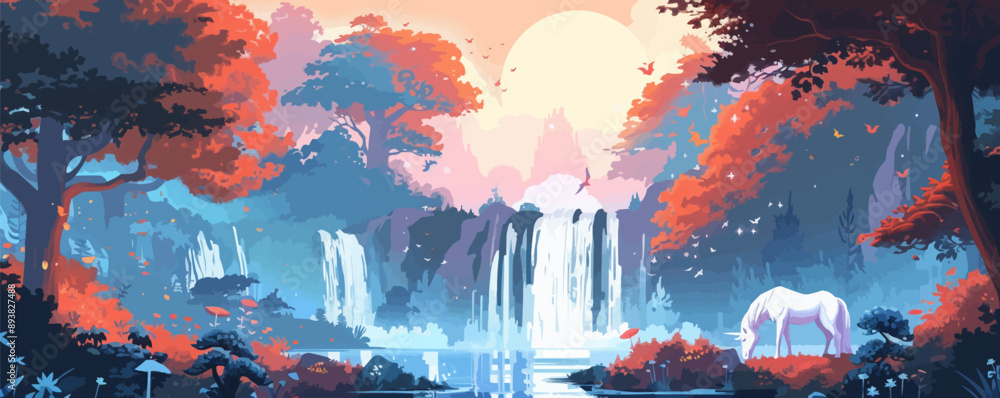 Poster enchanted forest with a magical waterfall and unicorns vector flat minimalistic isolated illustratio