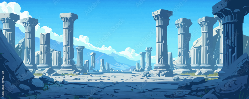 Poster ancient ruins with weathered stone columns and carvings vector flat minimalistic isolated illustrati