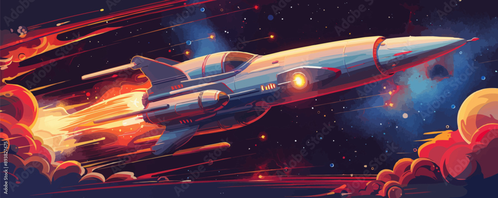 Poster abandoned spaceship drifting in outer space. vector flat minimalistic isolated illustration.